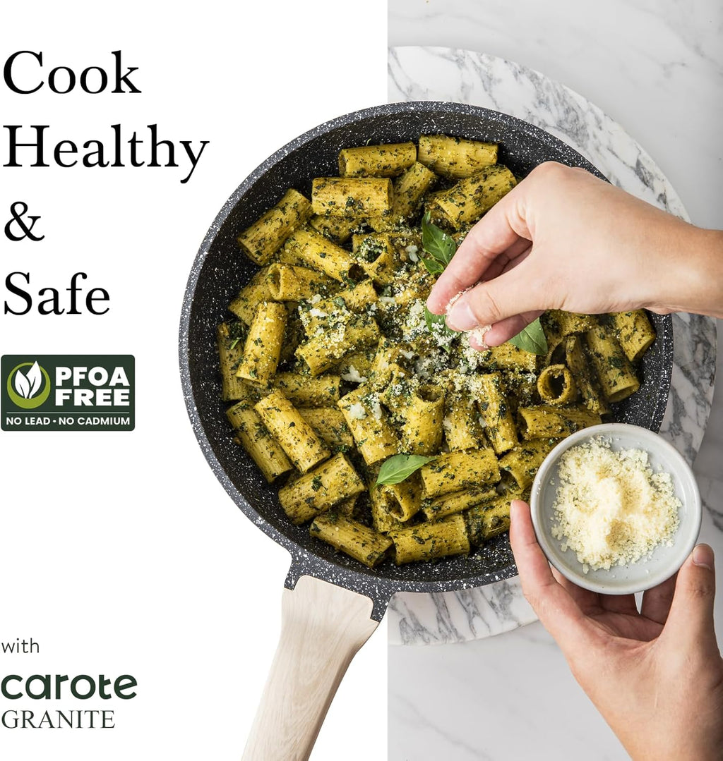 CAROTE Non Stick Frying Pan Skillet, Nonstick Granite Fry Pan with Glass Lid, Egg Pan Omelet Pans, Stone Cookware Chef's Pan, PFOA Free (Classic Granite, 10-Inch)