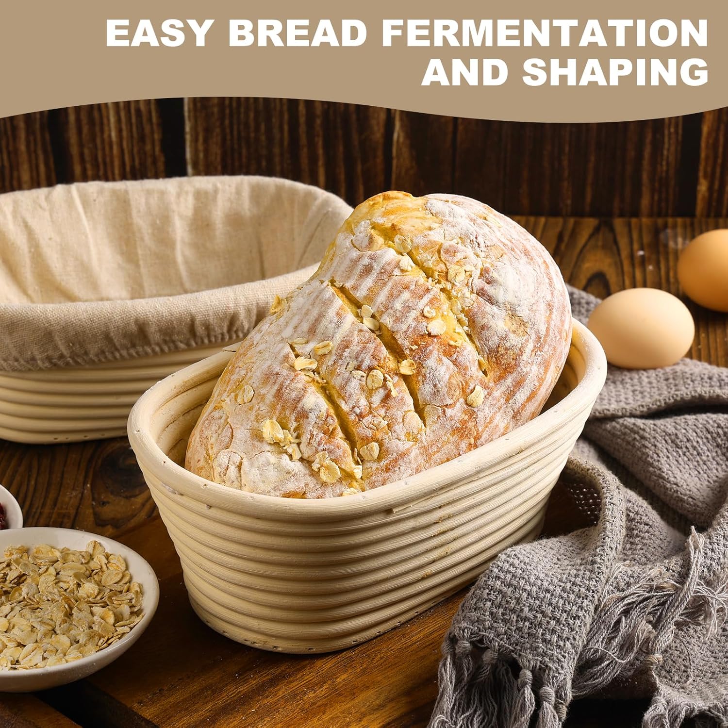Banneton Bread Proofing Basket - Banneton Basket Set of 4 Pack 10 inch Oval Sourdough Proofing Basket with Liner - Handmade Rattan Proofing Rising Bowl for Artisan Bread Making Baking Supplies