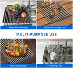 CHIRISEN Expandable Large Roll Up Dish Drying Rack, 18 Tubes 21.25x12.79'' Collapsible Over The Sink Rack, Non-Slip Silicone Rolling Dish Drainer Stainless Steel Rack for Kitchen Sink Counter (Gray)