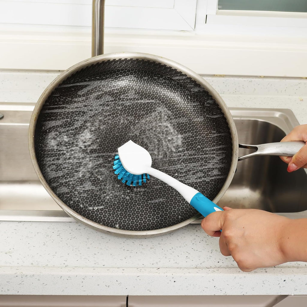 Dish Brush with Handle, 2 Pack Scrub Brushes with Built-in Scraper for Cleaning Kitchen, Pots, Pans and Sink, Scrubber Washing Tools, Blue