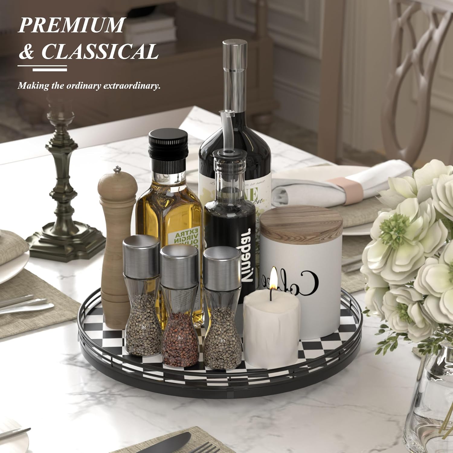 Black and White Kitchen Lazy Susan Turntable – Checkered Round Decorative Tray, 13” Table Top Oak Wood Lazy Susan for Cookies, Dining Table Organizer, Small Kitchen Table Centerpiece