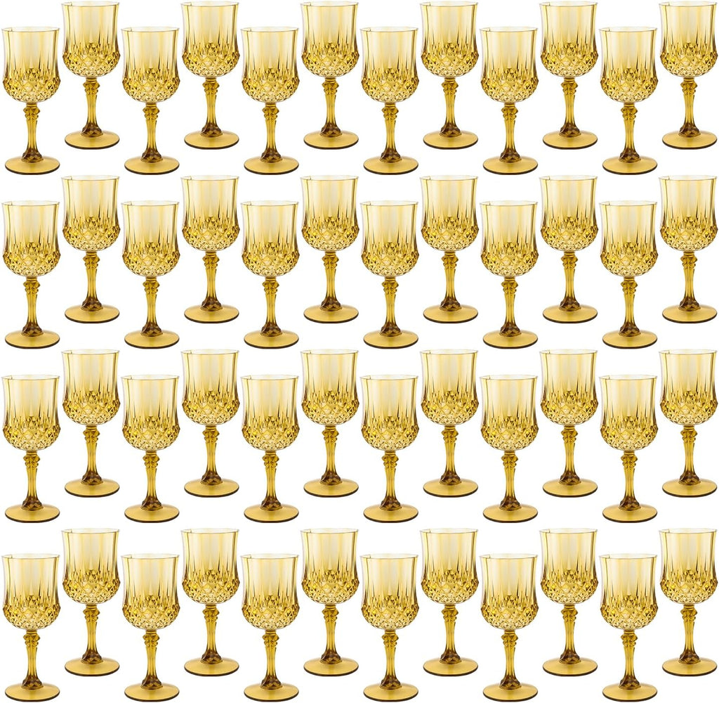 Plastic Wine Glasses，Plastic Goblets Vintage Style Cordial Drinking Glasses for Wedding Reception, Grand Event Party Supplies (48, Gold)