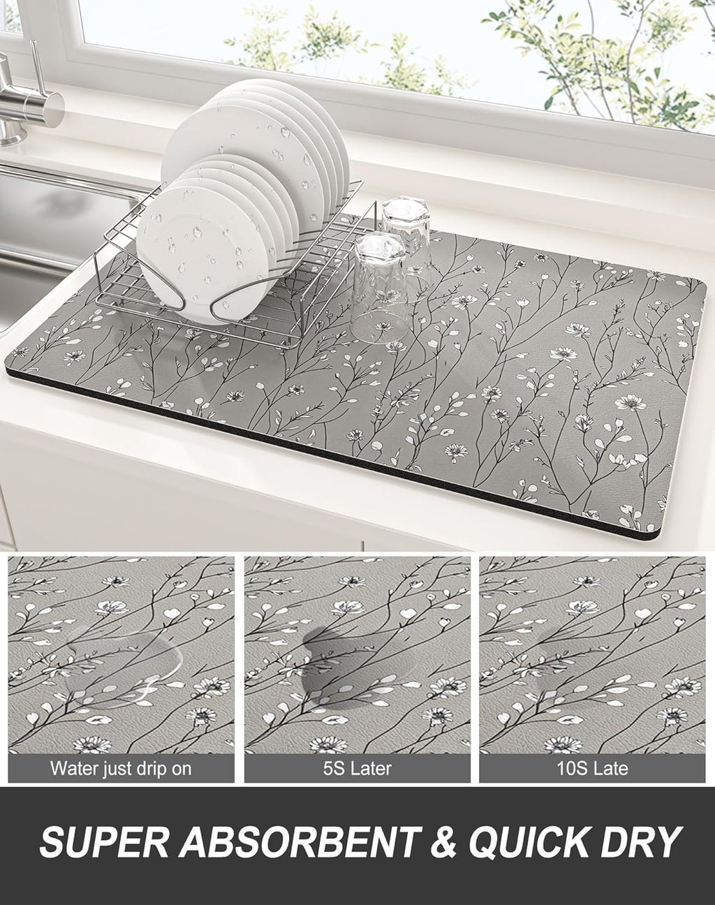 Rnivvi Dish Drying Mat for Kitchen Counter, 12 x 19" Cute Flower Theme Super Absorbent Draining Pad, Non-Slip Heat Resistant Coffee Bar Mats for Coffee Machine Station Accessories, Grey Dish Rack Pad