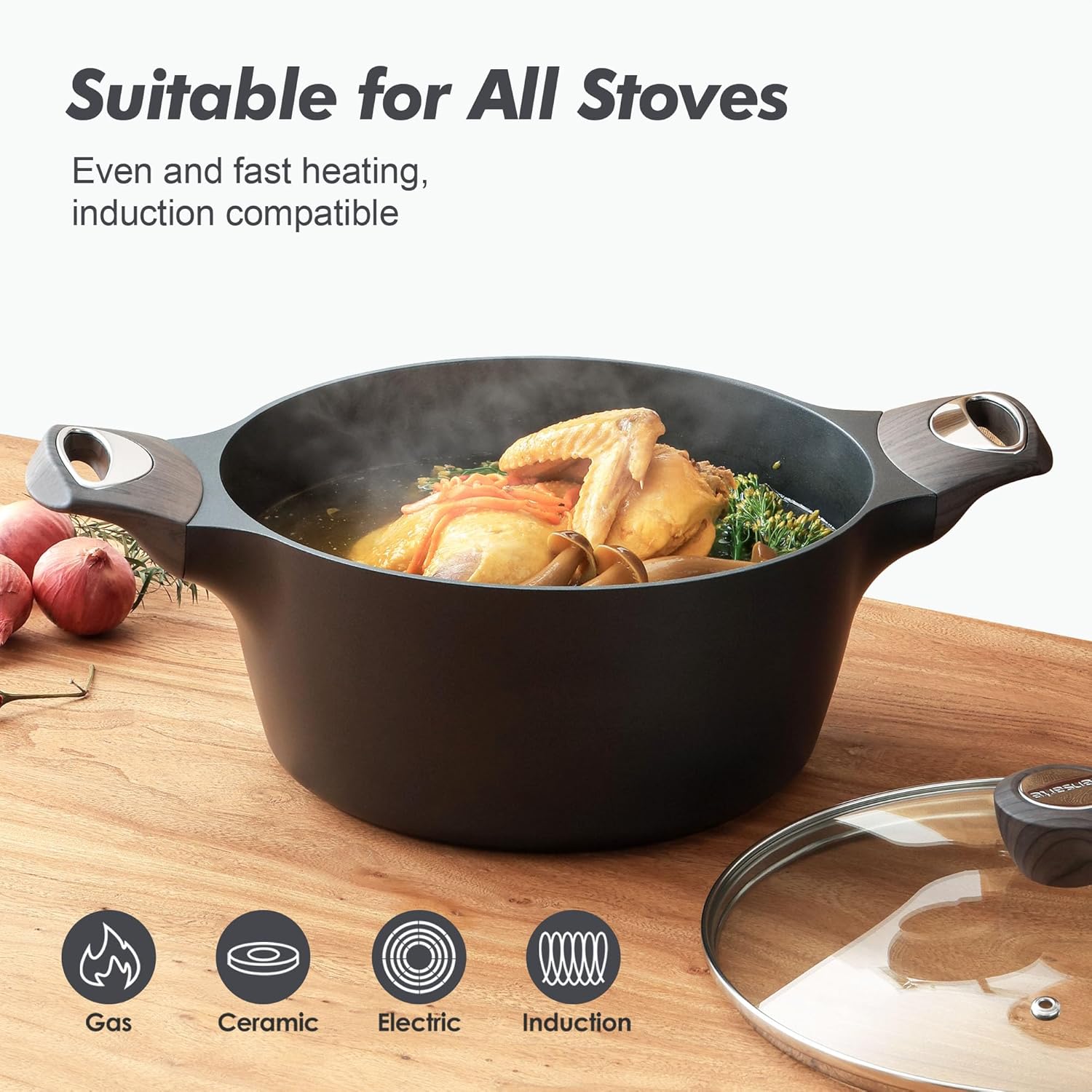 SENSARTE Nonstick Stock Pot with Lid, 2.6/4.5/6.6 QT Soup Pot Casserole Pot, Healthy Pasta Pot, Large Deep Cooking Pot, Big Sauce Pot Stew Pot, Induction Compatible, PFOA PFOS APEO Free, Black