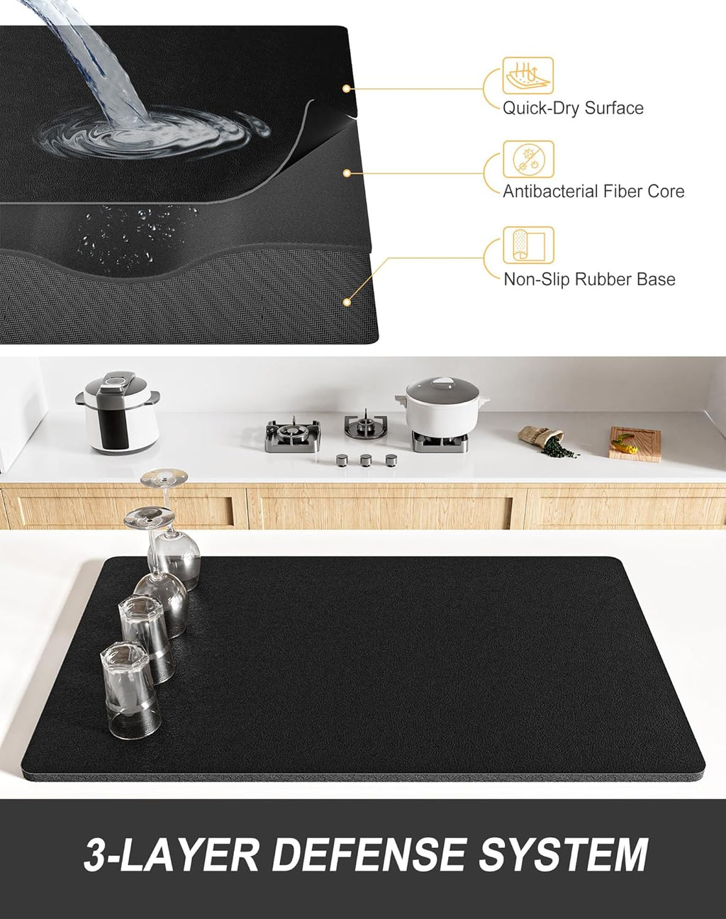 Rnivvi Dish Drying Mat for Kitchen Counter, XL 15 x 24" Super Absorbent Drainer Pad Easy Clean Dish Rack Pad, Non-Slip Heat Resistant Coffee Bar Mat for Coffee Machine Station Accessories Decor, Black