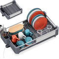 TOOLF Dish Drying Rack for Kitchen Counter, Extendable Dish Rack with Drainboard, Expandable Dish Drainer, Collapsible Dish Strainer with Cutlery Holder, Foldable Home Plate Rack, Alu Gray