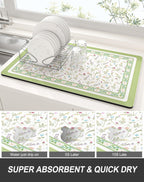 Rnivvi Dish Drying Mat for Kitchen Counter, 12 x 19" Cute Flower Theme Super Absorbent Draining Pad, Non-Slip Heat Resistant Coffee Bar Mat for Coffee Machine Station Accessories, Green Dish Rack Pad