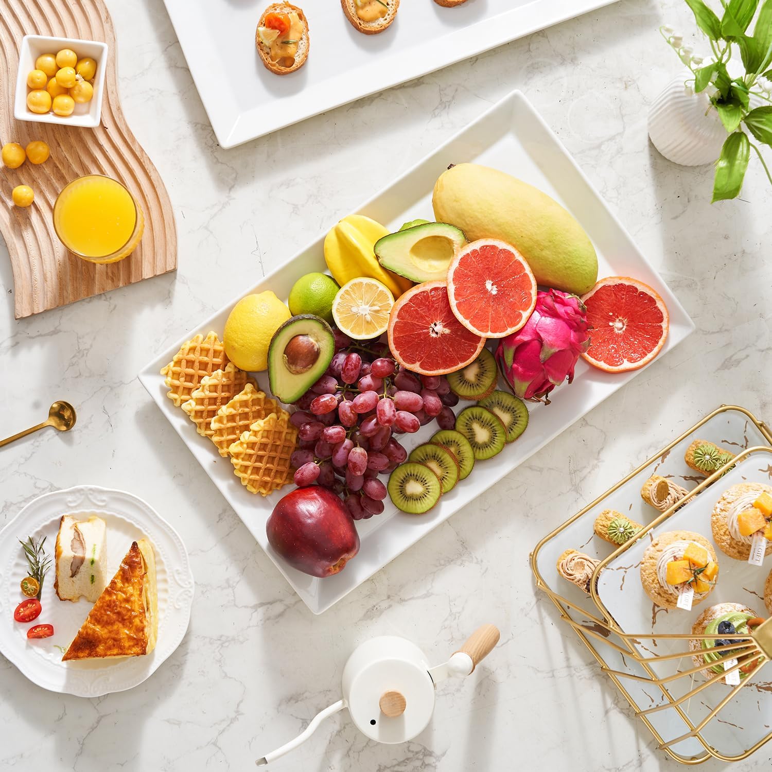 MIECOO Large Serving Platters, 18.5" x 11.5" White Serving Trays Set, Rectangular Porcelain Plates for Party, Wedding, Birthday, Entertaining, Food, Appetizer, Fruit, Sushi, Dessert, Set of 2