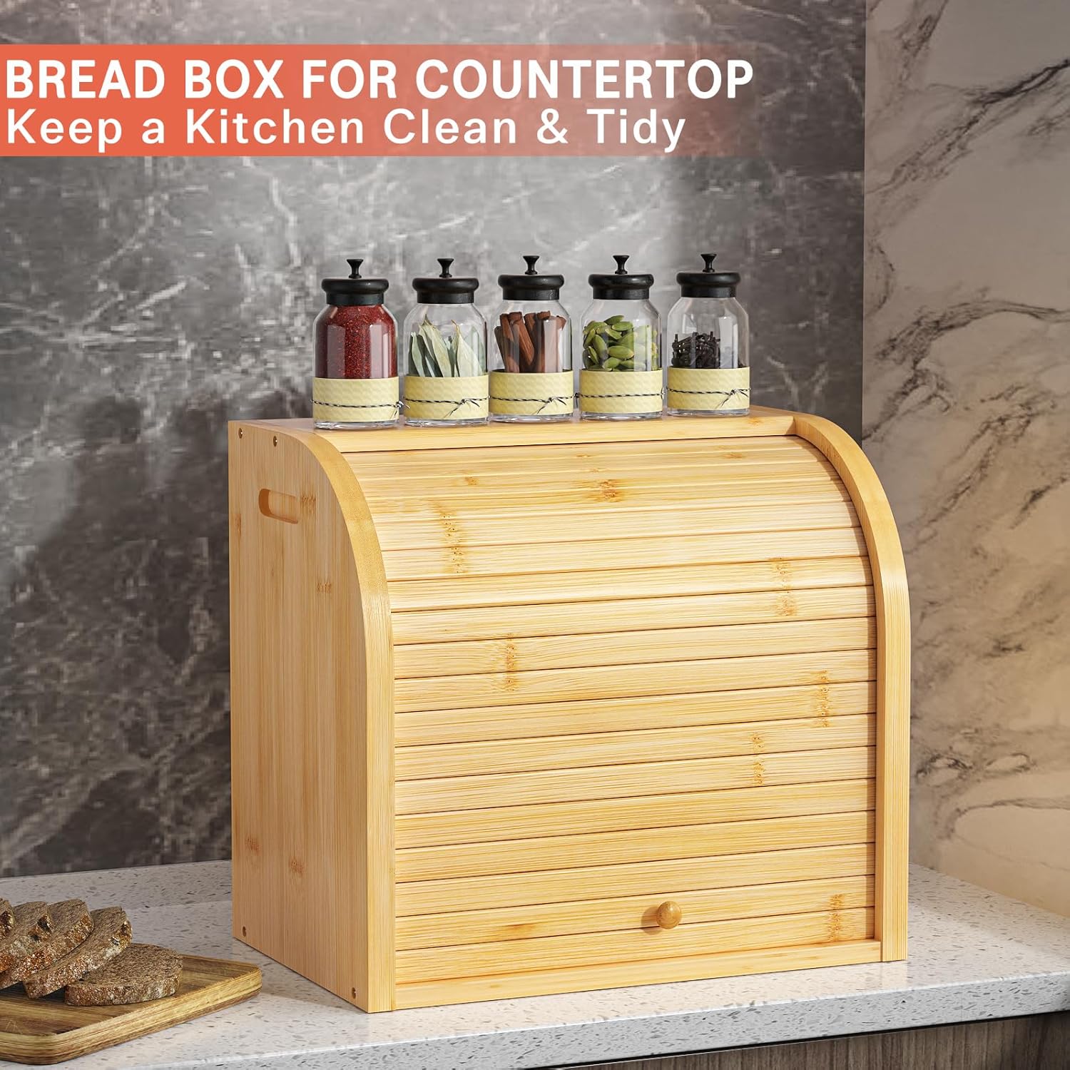 G.a HOMEFAVOR Roll Top Bread Box for Kitchen Counter, Large 2-Tier Bamboo Bread Storage Container, Bread Holder Food Bin for Countertop, Self-Assembly