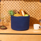 Small Basket for Organizing | Cube Shelf Closet Storage Baskets | 9.7×9.7×7.1” | Woven Rope Gift Basket | Nursery | Round 3 Packs Navy Blue