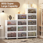 320Qt Stackable Storage Bins with Lid, Extra Large Closet Organizer Collapsible Drawer Boxes with Wheels, Folding Plastic Cabinet Containers for Home Kitchen Room Organization, 4Pack White