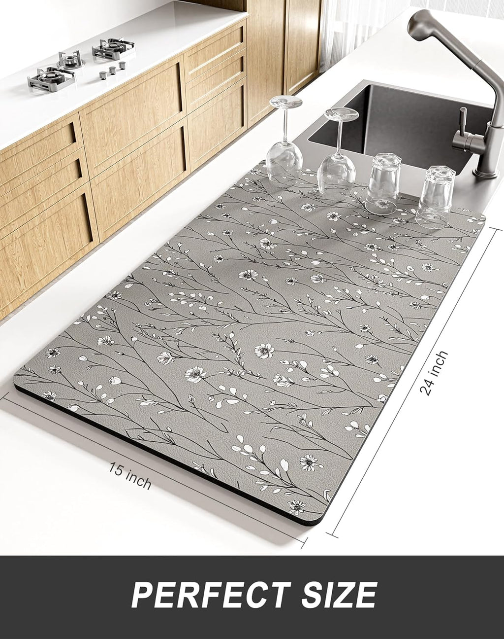 Rnivvi Dish Drying Mat for Kitchen Counter, XL 15 x 24" Cute Flower Theme Absorbent Draining Pad, Non-Slip Heat Resistant Coffee Bar Mats for Coffee Machine Station Accessories, Grey Dish Rack Pad