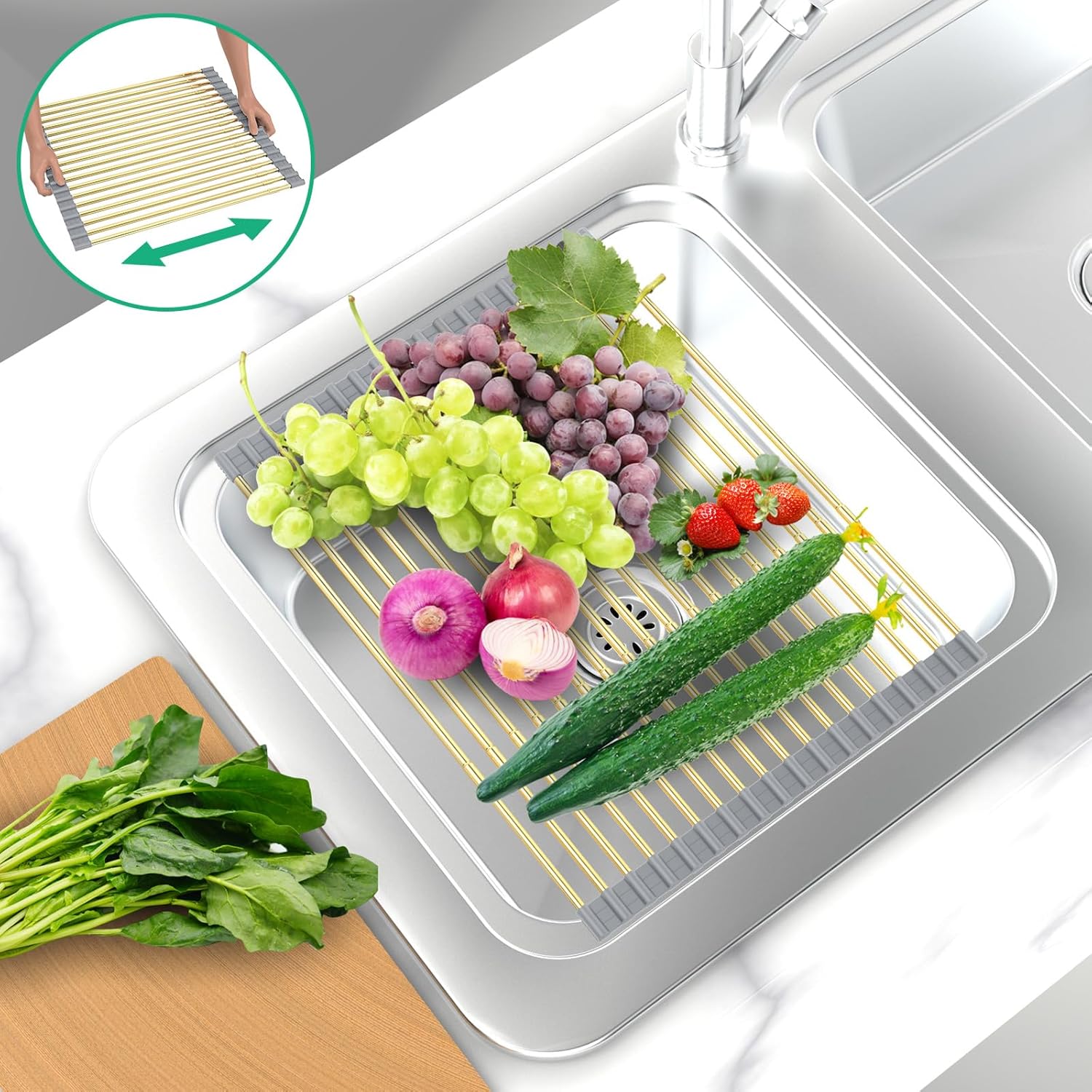 Large Expandable Roll Up Dish Drying Rack, Heat-Resistant Dish Drainer for Stainless Steel Sinks, Over The Sink Non-Slip Silicone Rollable Dish Drainer Roll Rack 18 Tube Gray Silicone & Gold Tube