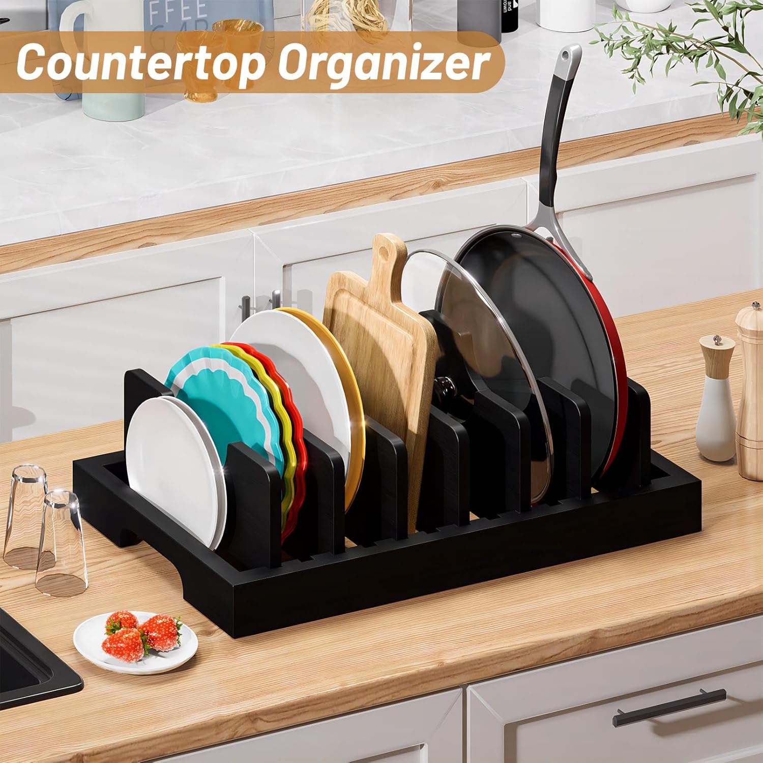 Bamboo Pot and Pan Organizer, Pot Lid Organizer Holder Rack for Countertop Drawer, Kitchen Cabinet Organizer with 7 Adjustable Dividers for Pots, Pans, Baking Sheets, Cutting Boards, Black