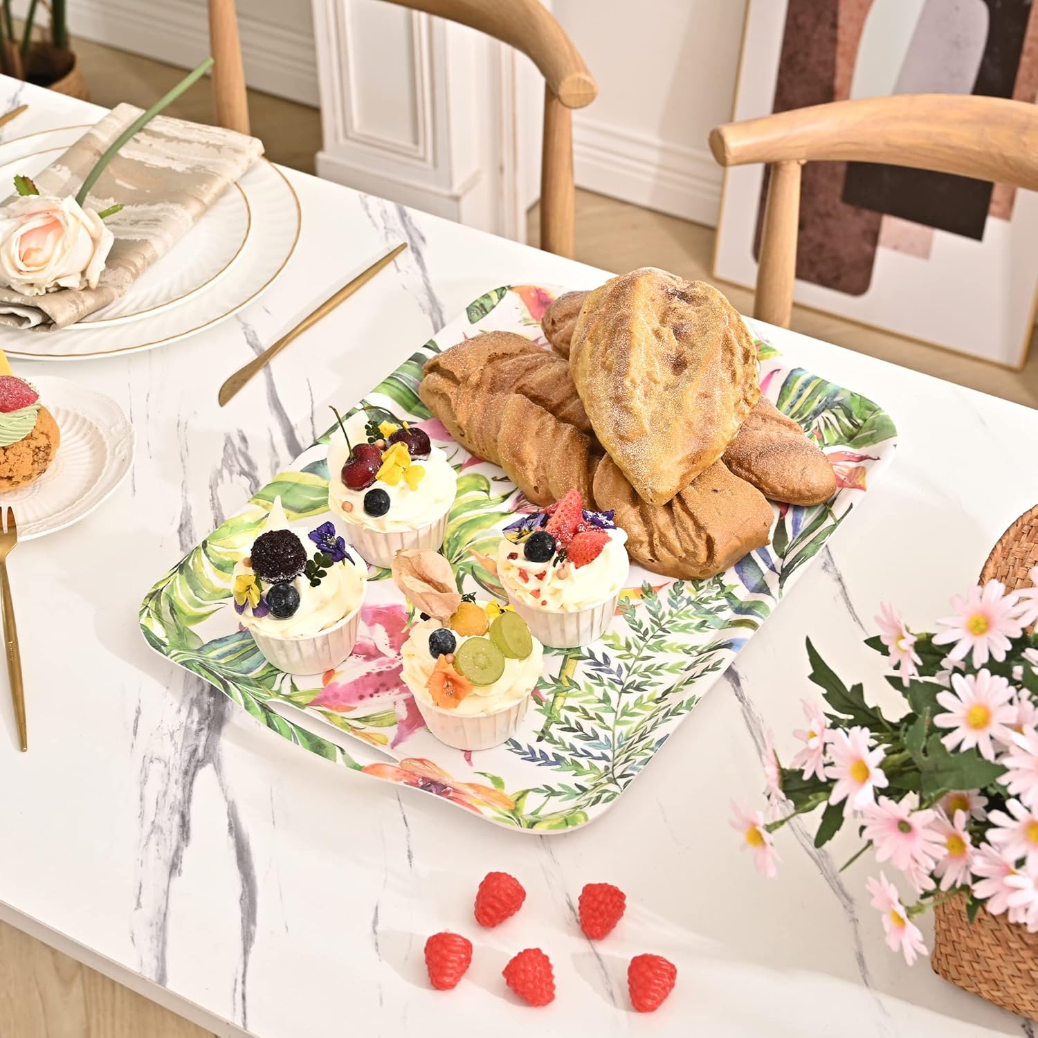 Blue Boat 16.5" x 11.5" Rectangular Serving Trays Set of 2 Floral, Light Weight Easy to Clean Sturdy Stackable Melamine Serving Tray with Handle, Fruit, Snacks, and Desserts Trays