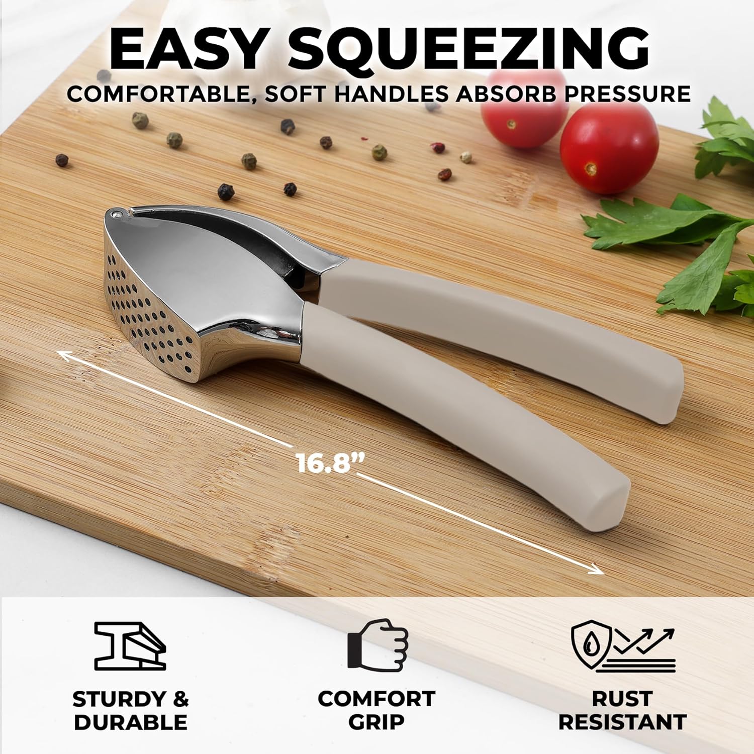 Zulay Kitchen Comfort Grip Garlic Press - Garlic Mincer Tool - Garlic Crusher - Garlic Press Mincer Rust Proof, with Soft Ergonomic Handle, Easy Clean Set with Peeler and Brush - Gray