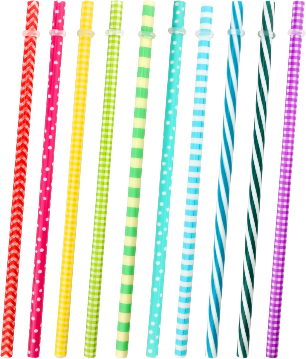 JANYUN 30 Pieces Reusable Plastic Straws BPA-Free 9" Colorful Printing Hard Platic Stripe Drinking Straw for Mason Jar Tumbler Family or Party Use Cleaning Brush Included(Random Pattern) (Straight)