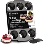 Wrenbury Pro Mini Cheesecake Pans Removable Bottom 12 Hole - Heavy Gauge Carbon Steel Muffin Cupcake Pan Loose Bottom Springform for Baking - 3 Inch Individual Cheesecakes Tin - PFOA Free