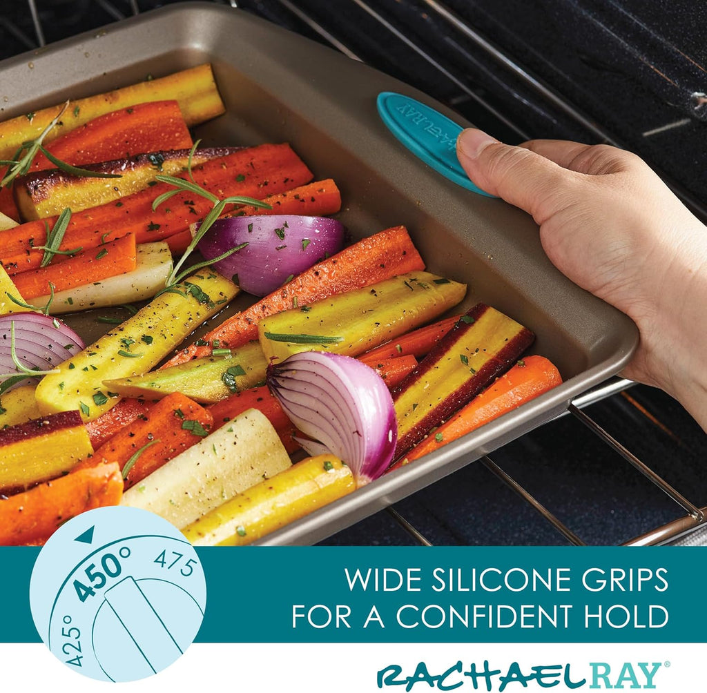 Rachael Ray 47578 Cucina Nonstick Bakeware Set with Grips Includes Nonstick Bread Pan, Baking Sheet, Cookie Sheet, Baking Pans, Cake Pan and Muffin Pan - 10 Piece, Latte Brown with Agave Blue Grips
