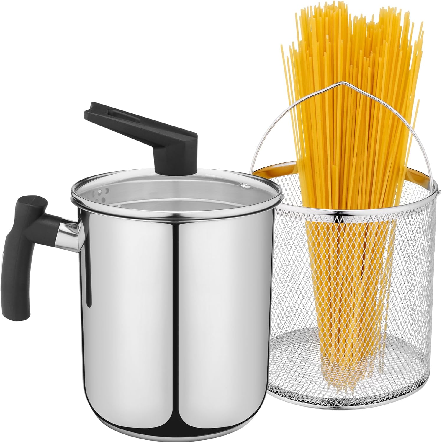 Navaris Stainless Steel Multifunctional Spaghetti Cooker & Steam Pot - 3.4L Capacity - Includes Lid & Basket - Silver