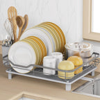 Dish Drying Rack, Stainless Steel Rustproof Dish Rack for Kitchen Counter, Sturdy Dish Drainer with Drainboard, Drainage, Utensil Holder for Various Kitchenware, 16.2"(L) x 12.6"(W), Grey