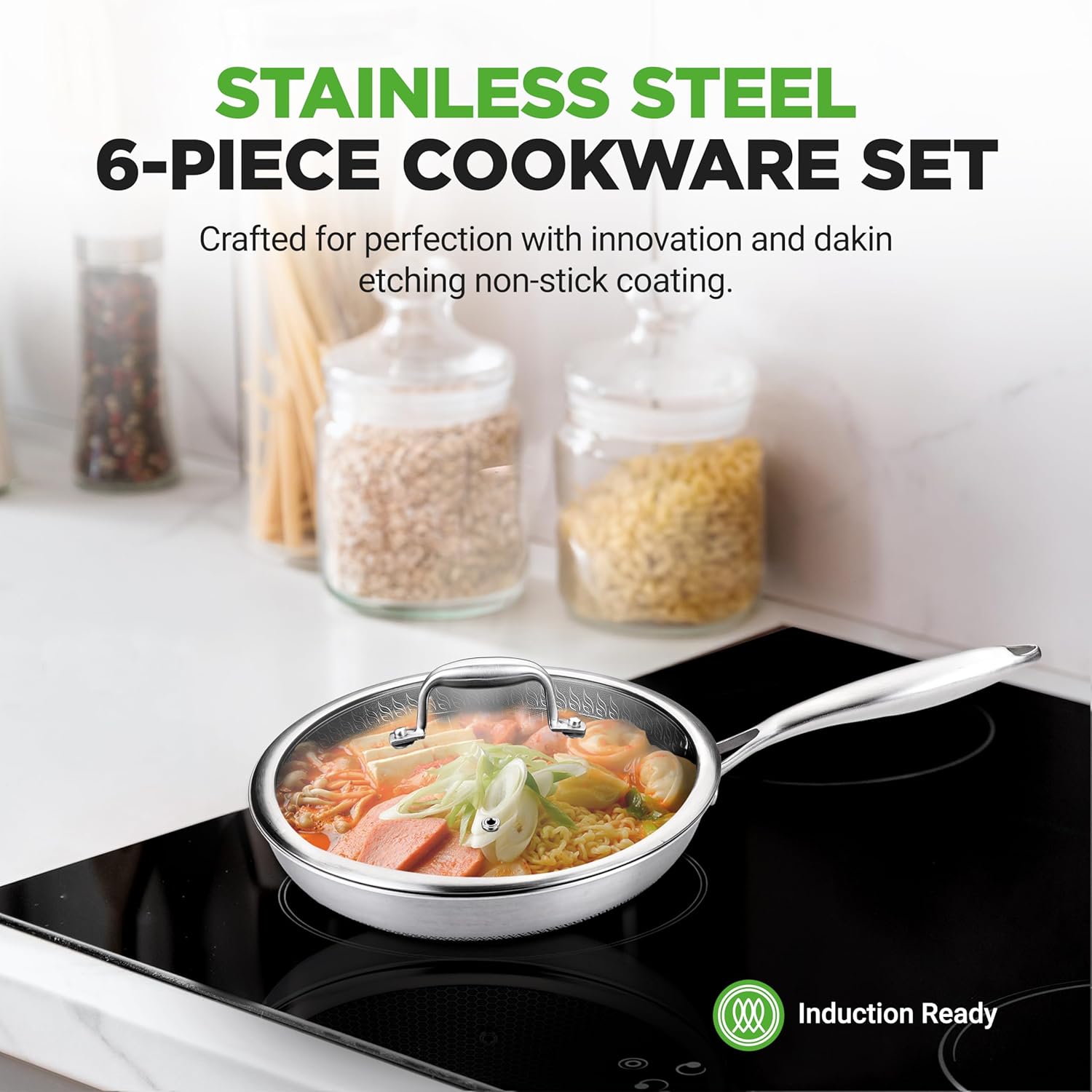 6-Piece Cookware Set Stainless Steel - 3 layers Kitchenware Pans Set Kitchen Cookware w/DAKIN Etching Non-Stick Coating - Small, Medium, & Large Stir Fry Pan with Lid - NutriChef NC3PFRY3