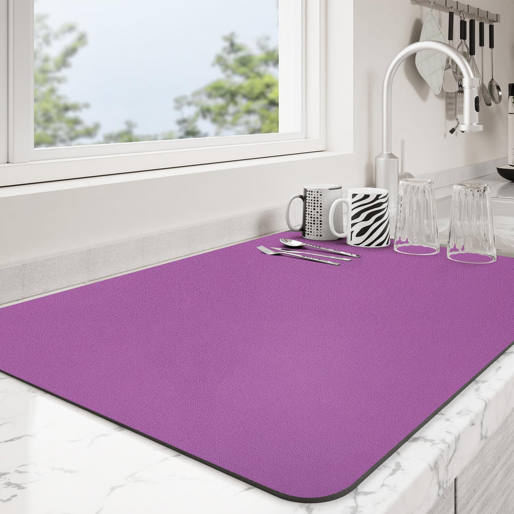Dish Drying Mat for Kitchen Counter | Coffee Bar Mat for Countertops | Heat Resistant Drainer Mat with Non-slip Rubber Backed | Hide Stain Kitchen Absorbent Draining Mat | Purple 16"x24"