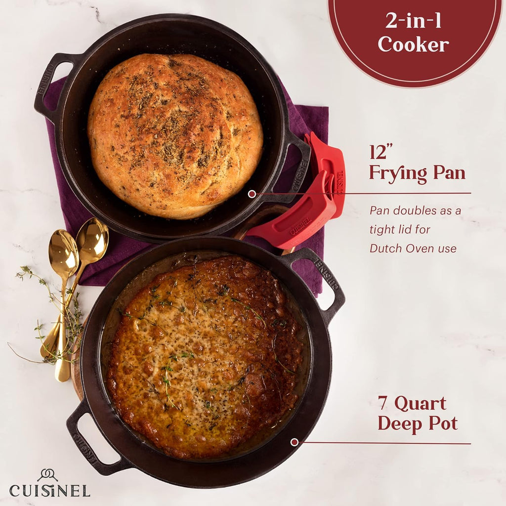 Cuisinel Cast Iron Dutch Oven 7-Quart - Pre-Seasoned 2-in-1 Deep Pot Multi-Cooker - Combo Lid Doubles as 12" Skillet Frying Pan + Silicone Handle Covers + Scraper/Cleaner - Indoor/Outdoor Cookware