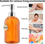 16 OZ Soap Dispenser，Tempered Glass Clear Vertical Stripe with 304 Rust Proof Stainless Steel Pump Refillable Liquid Hand Soap Dispenser，for Bathroom, Kitchen, Dish Soap，Lotion (Orange)