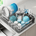 GSlife Large 2-in-1 Dish Drying Rack Set - Expandable Stainless Steel Dish Racks for Kitchen Counter & Sink, Full Size Dish Drainer with Absorbent Drying Mat Cup Holder, 16.5"-21.5" L x 15" W, Silver
