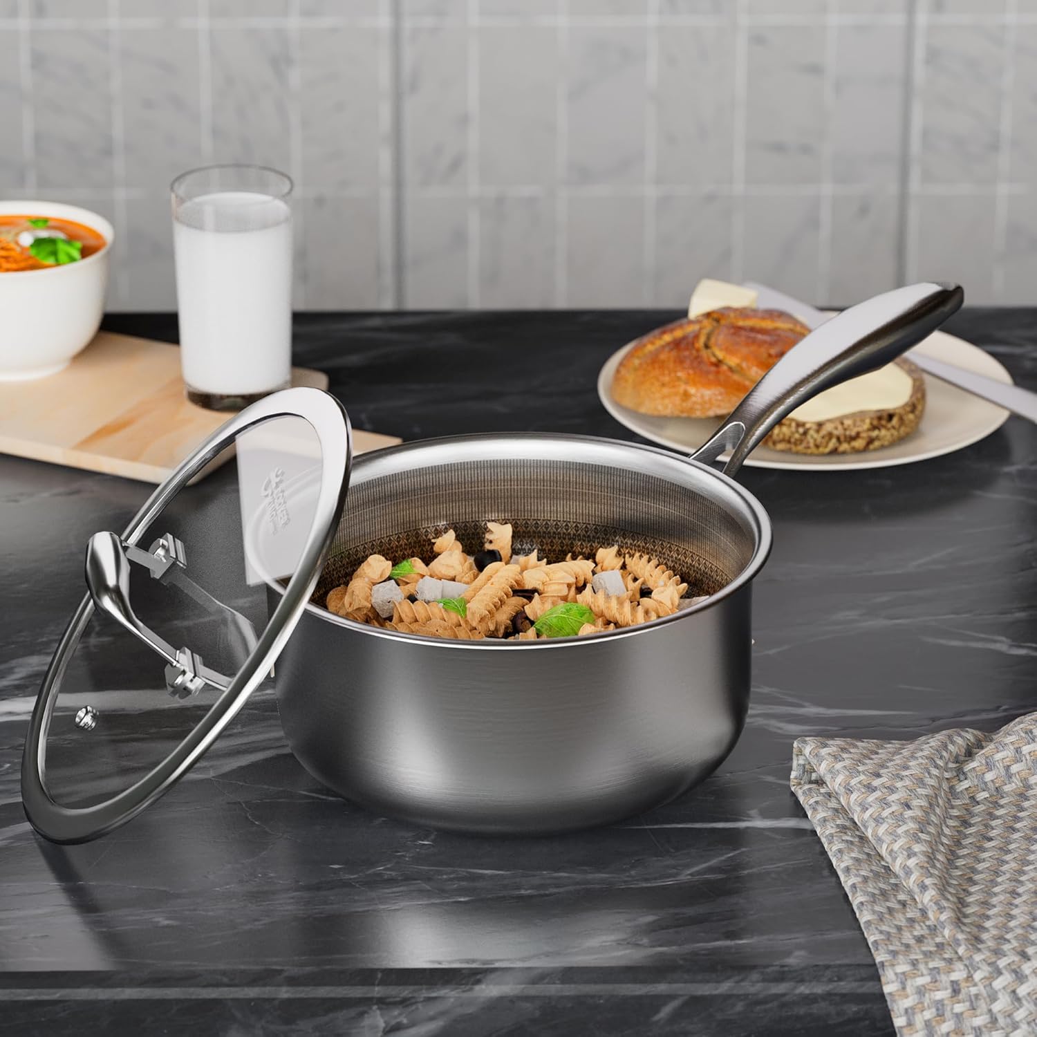 COOKER KING 1.5 Quart Stainless Steel Saucepan, Nonstick Sauce Pan, Ceramic Suce Pot with Tempered Glass Lid, Induction Pot Compatible with All Cooktops, Dishwasher & Oven Safe(PFAS/PFOA/PTFE Free)