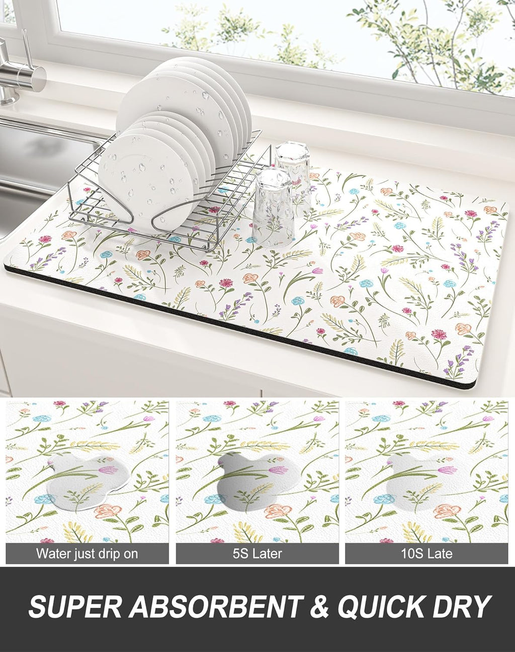 Rnivvi Dish Drying Mat for Kitchen Counter, XL 15 x 24" Cute Flower Theme Absorbent Draining Pad, Non-Slip Heat Resistant Coffee Bar Mat for Coffee Machine Station Accessories, White Dish Rack Pad
