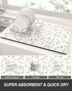 Rnivvi Dish Drying Mat for Kitchen Counter, XL 15 x 24" Cute Flower Theme Absorbent Draining Pad, Non-Slip Heat Resistant Coffee Bar Mat for Coffee Machine Station Accessories, White Dish Rack Pad