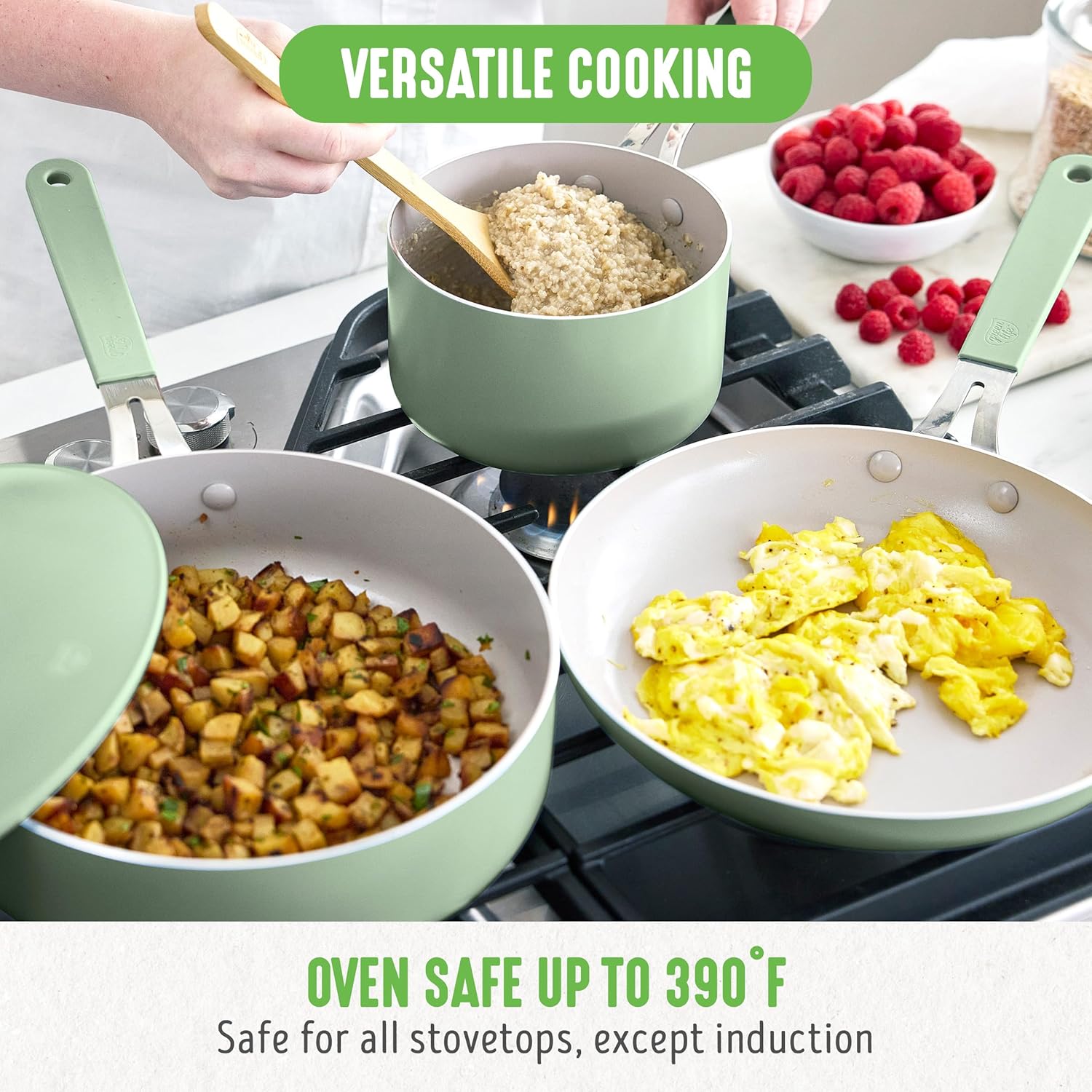 GreenLife 10-Piece Nonstick Ceramic Cookware Set, Lightweight Healthy PFAS-Free Pots & Pans with Lids, Dishwasher & Oven Safe, Durable Body, Silicone Stay-Cool Handles, Easy Release, Sage Green