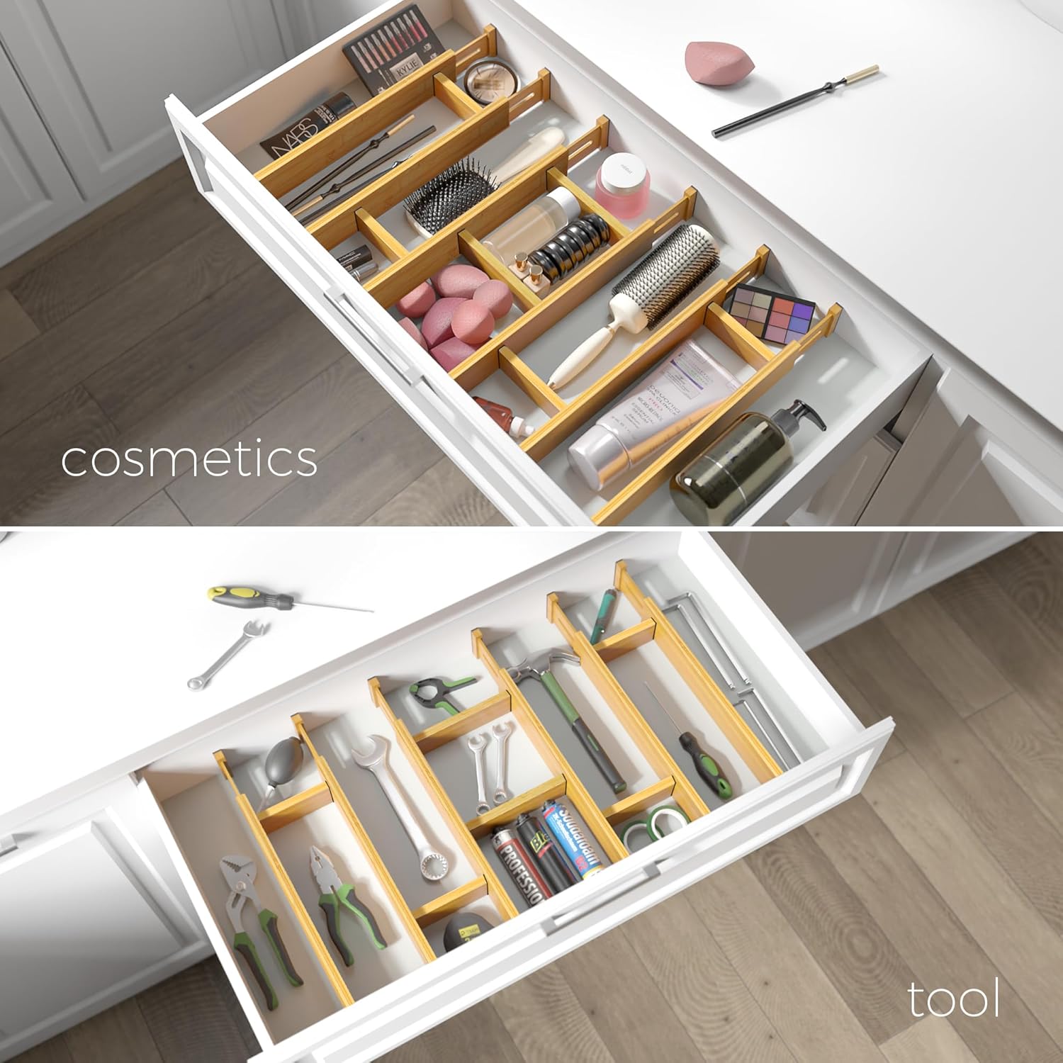 Adjustable Bamboo Drawer Dividers with Inserts, Expandable Spring-Loaded Drawer Organizer for Kitchen, Clothes, Tools, Silverware, Bamboo Organizer Separators - 6 Large Pieces