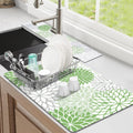 Findosom 2PCS 12" x 20" Dish Drying Mat & 24" x 5.5" Sink Splash Guard, Super Absorbent & Cuttable Dish Mat Drying Kitchen Mat with Green Floral, Hide Stain Drying Mat for Kitchen Counter