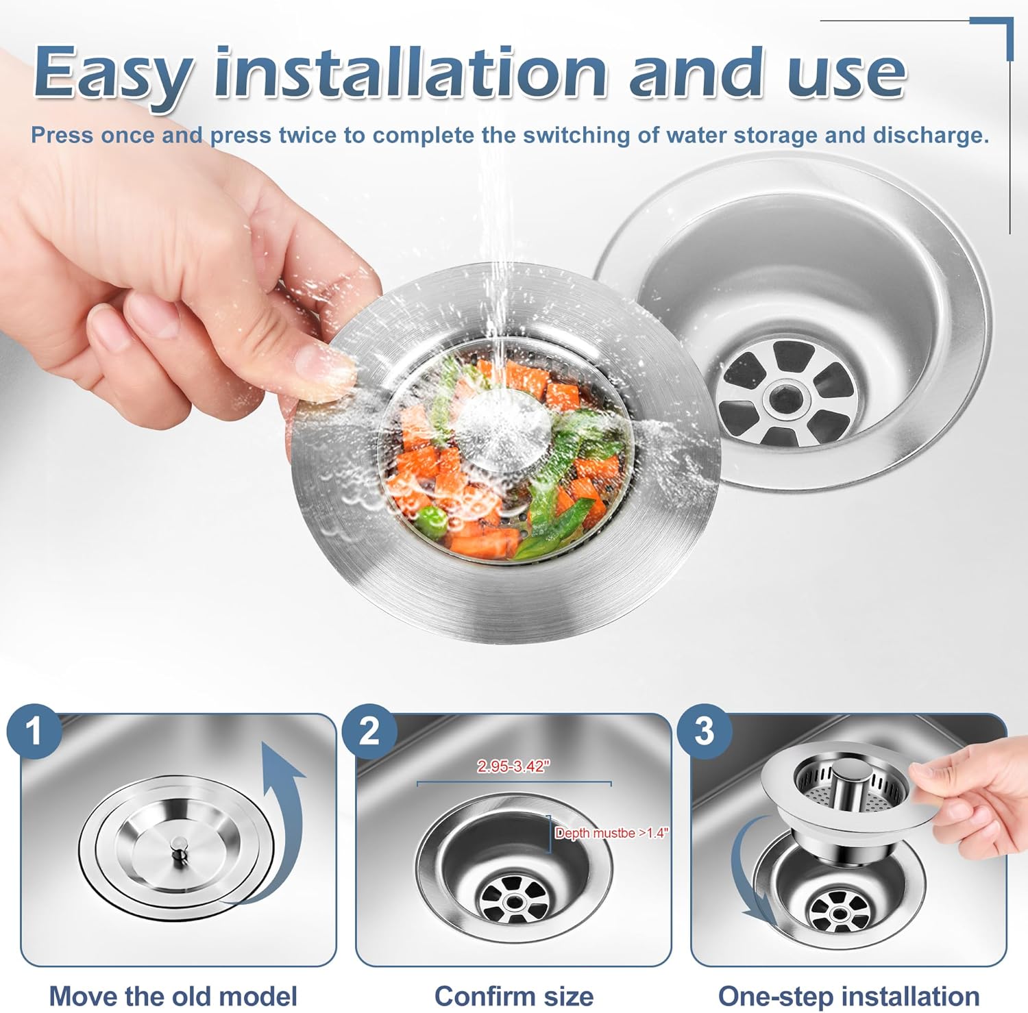 3 in 1 Kitchen Sink Drain Strainer ，304 Stainless Steel Kitchen Sink Stopper and Basket,Long-Term Water Storage，Bass Bounce Core，General，Filter for Standard 3-1/2 inch Drain