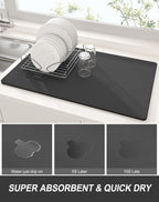 Rnivvi Dish Drying Mat for Kitchen Counter, XL 15 x 24" Super Absorbent Drainer Pad Easy Clean Dish Rack Pad, Non-Slip Heat Resistant Coffee Bar Mats for Coffee Machine Station Accessories Decor, Gray