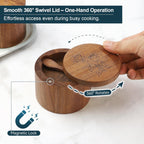 Salt Cellar, 2PCS Salt Container Acacia Wood Salt and Pepper Box for Countertop with Built-in Spoon & Swivel Lid, Wood Salt Holder Bowl for Kitchen, Seasoning Storage (Rose & SALT Engraving)