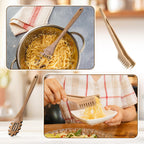 Baderke 2 Pcs Wooden Pasta Spoon with Teeth Large Spaghetti Spoon Utensil, 9.4'' Pasta Tong and 13'' Pasta Fork with Handle, Comfortable Grip Design Server Spoons for Kitchen Spaghetti Noodle