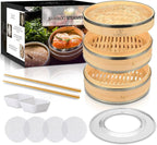 Bamboo Steamer Basket Set Chinese Cuisine 10-inch 2 Tiers Vegetable Steaming Basket for Cooking with Chopsticks, Sauce Dishes, and Reusable Liners - Dumpling Steamer Baskets