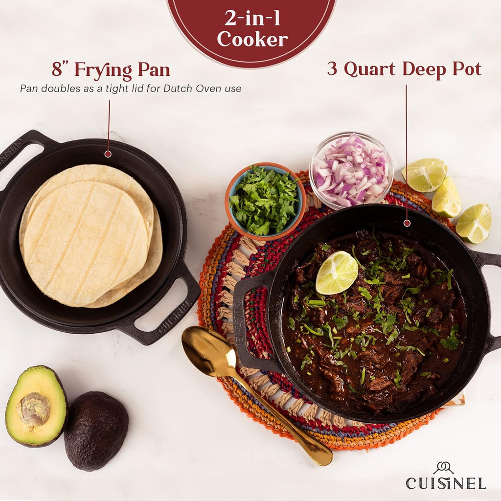 Cuisinel Cast Iron Dutch Oven - 3-Quart Deep Pot - Pre-Seasoned 2-in-1 Multi-Cooker - Combo Lid Doubles as 8"-inch Skillet Frying Pan + Silicone Handle Covers + Scraper - Use for Baking Bread