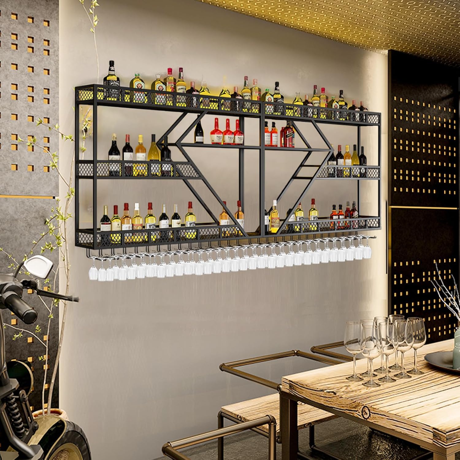 78.7in Metal Wine Rack Wall Mounted, Modern Wine Storage Rack Wall Mounted with Wine Glass Holder, Liquor Shelf, Bar Shelves for Liquor Bottles (3TIERS Black, 78.7 * 7.87 * 33.85INCH)