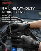 PACIFIC PPE 8 Mil Heavy Duty Black Nitrile Gloves, Food Safe, Latex Free, Mechanic, Fully-Diamond Textured Grip Industrial Disposable Gloves, Large