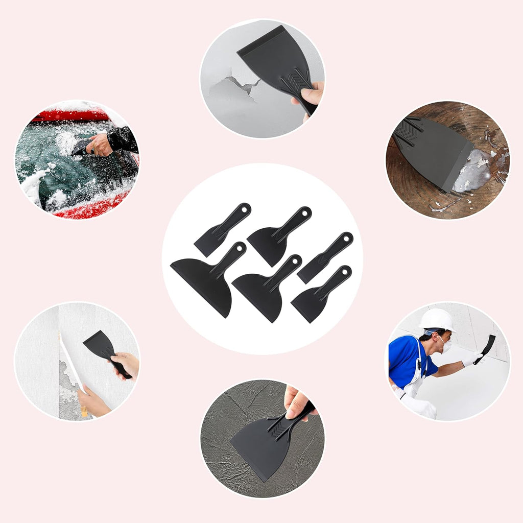 6 Pack Plastic Putty Knife, Durable Plastic Scraper Tool with No-Slip Grip for Spackle, Spreader, Non Scratch and Easy Cleaning Spackle Knife, Putty Knife Set, Black