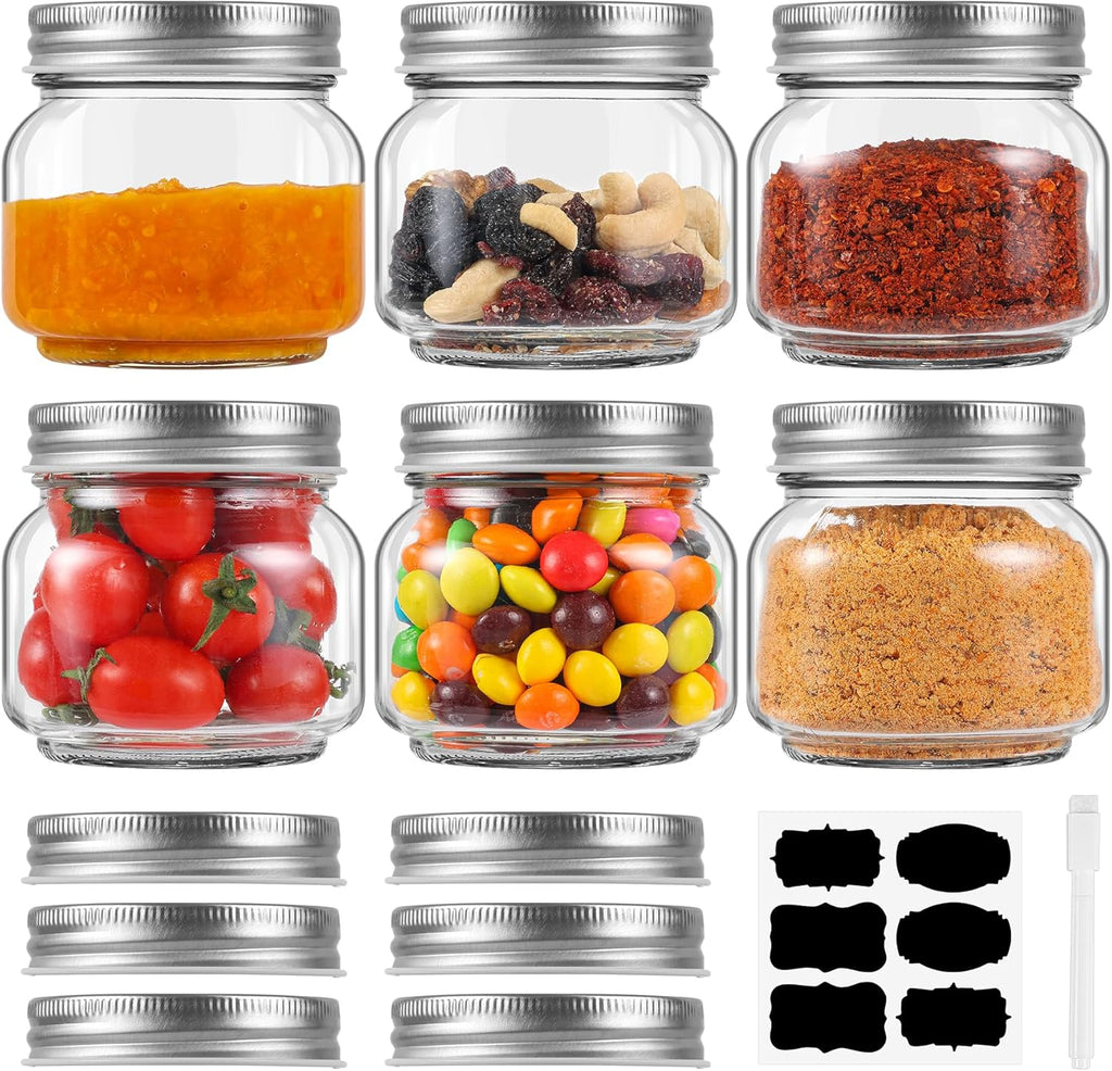 6 Pack Small Mason Jars with Labels, 8 oz Glass Jars with Airtight Lids, Half Pint Canning Jars for Jelly, Jam, Honey, Pickles, Spice, Overnight Oats, Food Storage, Candle & DIY Present