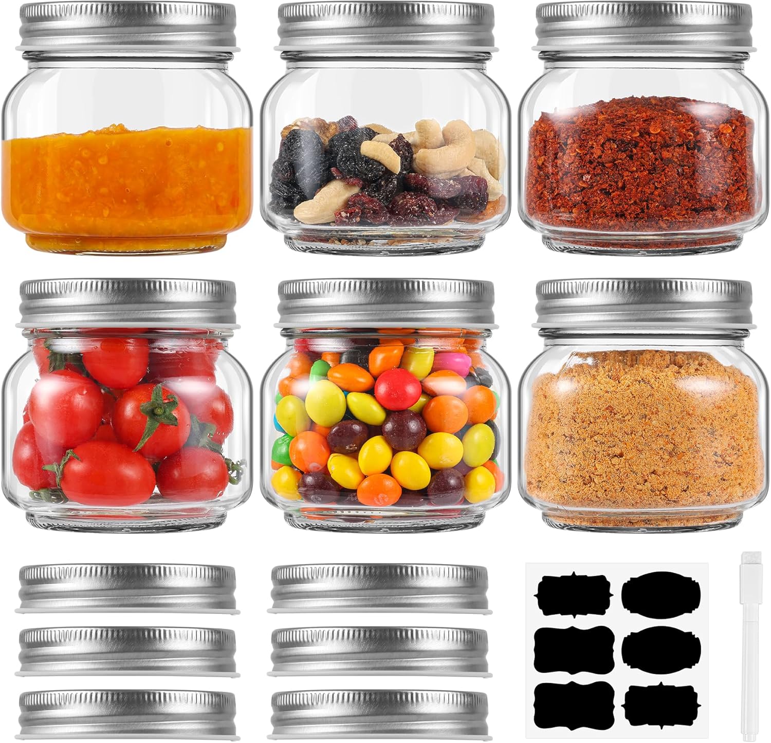 6 Pack Small Mason Jars with Labels, 8 oz Glass Jars with Airtight Lids, Half Pint Canning Jars for Jelly, Jam, Honey, Pickles, Spice, Overnight Oats, Food Storage, Candle & DIY Present