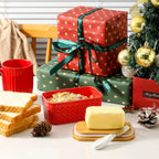 Ceramic Butter Dish with Lid,Large Butter Container with Airtight Cover for Countertop or Refrigerator,Farmhouse Kitchen Butter Holder for New Year Gift,Dishwasher Safe,Red Embossed Pattern