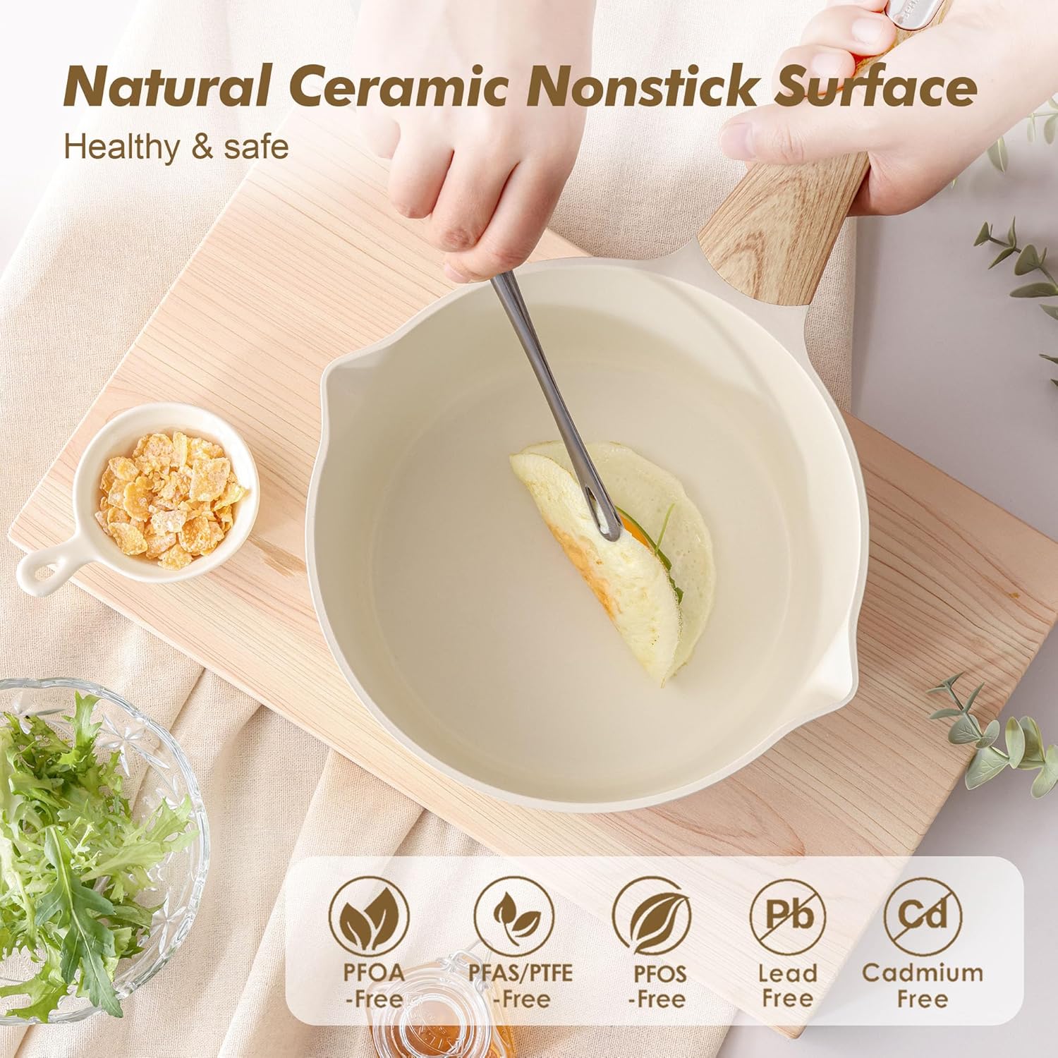 SENSARTE Ceramic Nonstick Sauce Pan with Lid, 3.0 Quart Saucepan with Double Spout, Large Cooking Pot, Non toxic Kitchen Sauce Pot, Non stick Saucier Pan, Induction Cookware, PFOA PTFE PFAS Free