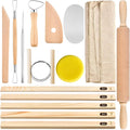 Akamino 20 Pcs Pottery Tools Include 1 Wood Rolling Pin,1 Portable Pottery Linen Tablecloth, 10 Pcs 5 Size Teaching Rolling Mud Stick Guide, 8 Clay Sculpting Tools for Manual Self Ceramic Clay Making